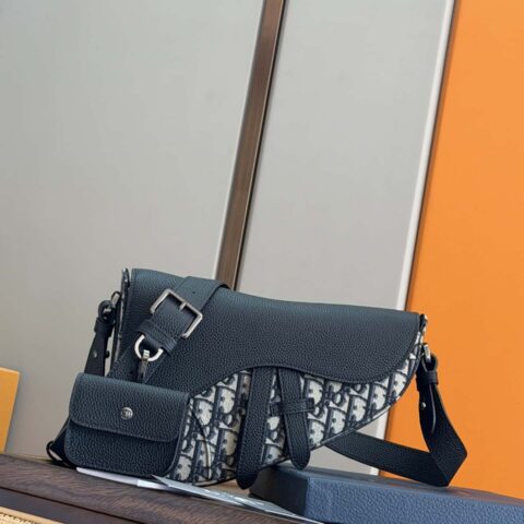 Dior 马鞍包  黑色粒面牛皮革 蓝布